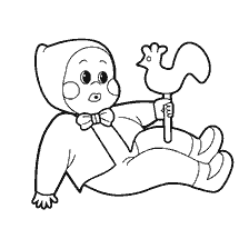 Un dessin d'un bébé avec un coq dans les mains
