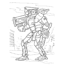 Robo-infantry drawing with weapons against the background of the destroyed city