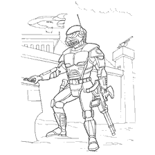 War of the Future: A Mercenary Warrior with Weapons Against the Background of Futuristic Buildings