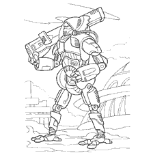 Picture of a cyborg with a rocket launcher against the background of a futuristic landscape