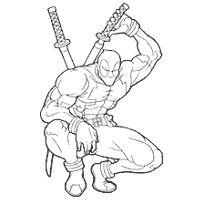 Deadpool in colorazione, in posa con spade