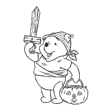coloring page: Winnie Bear in Halloween costume with pumpkin and sword