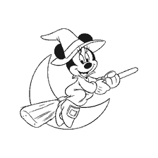 coloring page: Minnie Mouse in witch costume flies on a broomstick