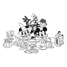 coloring page: Mickey Mouse and his friends celebrate Halloween.