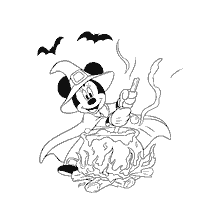 coloring page: Minnie Mouse in witch costume cooks potion in a pot