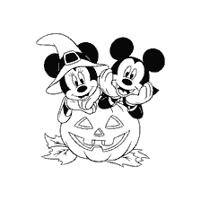 coloring page: Minnie and Mickey Mouse celebrating Halloween next to pumpkin