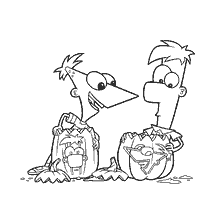 coloring page: Phinis and Ferb at a pumpkin-cutting facility for Halloween