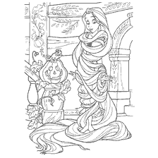 coloring page: Rapunzel is surrounded by pumpkins and autumn decor