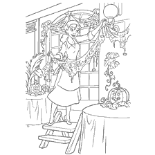 coloring page: Diana decorates the room for Halloween with pumpkins and decorations