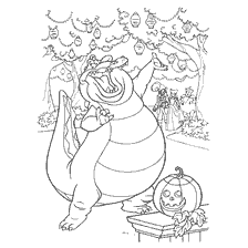 coloring page: Dragon at Halloween with pumpkin and flashlights
