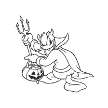 coloring page: Donald Duck dressed as a demon with pumpkin for Halloween