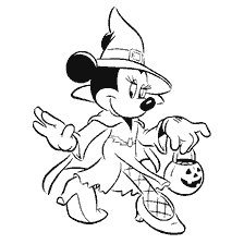 coloring page: Minnie Mouse in witch costume with pumpkin bucket