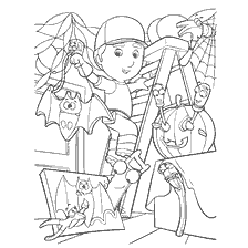 coloring page: Skillful Manny with tools prepares for Halloween, surrounded by bats and a web
