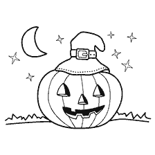 coloring page: Pumpkin for Halloween with a hat, a month and stars in the background