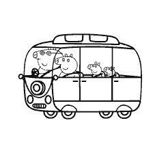 Famille de cochons du dessin animé Peppa Cochon dans une voiture blanche