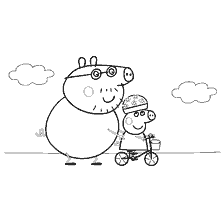 Porc et papa Peppa Porc sur un vélo