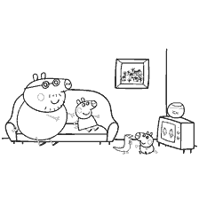Peppa Pig ailesi TV önünde kanepede oturuyor