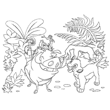 pagina da colorare: Colorazione con personaggi del Re Leone: Simba, Pumba e Timon