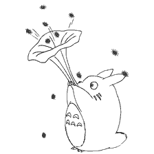 Le totoro tient un grand parapluie et les graines volent autour