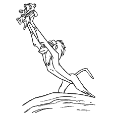 pagina da colorare: Disegno raffigurante il momento dal cartone animato Il Re Leone, dove Simba sorge tra le braccia di Rafiki