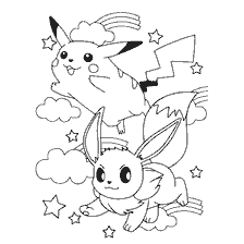 Coloring with Pikachu and Vaporeon against the background of clouds and stars