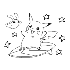 Pikachu rolls surfing with friendly Pokémon