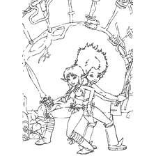 Colorir Arthur e miniputas com personagens de Arthur e miniputas contra o fundo de árvores e plantas