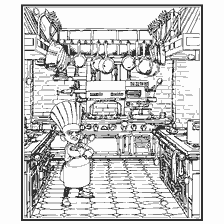página para colorir: Imagem para colorir Ratatouille, Skinner na cozinha à procura de colheres
