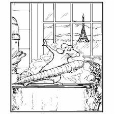 página para colorir: Desenho por Remy de Ratatouille com uma cenoura e a Torre Eiffel no fundo