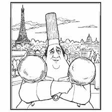 página para colorir: Desenho do chef Gusteau com potes contra o fundo da Torre Eiffel