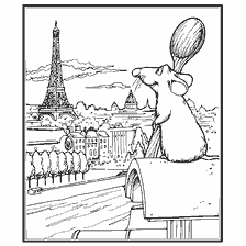 página para colorir: Remy olha para Paris com a Torre Eiffel