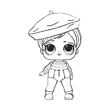 coloriage: Photo avec une poupée de coloration LOL Beatnik Babe, représentant une fille en béret et pull rayé.