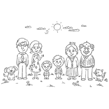 Famille de six personnes avec des animaux de compagnie représentés dans un livre de coloriage