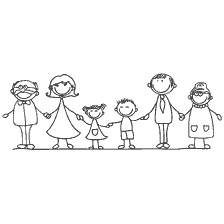 Famille représentée comme des personnages de dessin animé tiennent la main