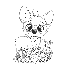 Puppy with glasses with bow and flowers