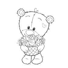 A bear with a bouquet of flowers in a coloring basket