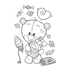 Drawing of a bear with ice cream and cake on the background of candy