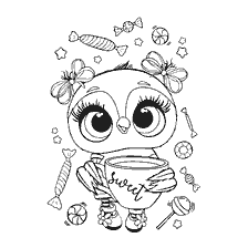 Baby Chicken holds a cup that says 'sweet' among candy