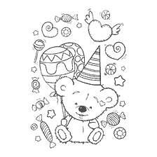 Coloring Nursing Sweetie: Bear with balls and candy