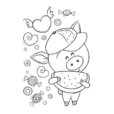 Coloring a cheerful pig with candy