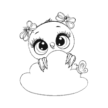Baby Chicken with big eyes and bows on his head, sitting on a cloud.