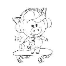 Pig on skate in headphones with smiling stars