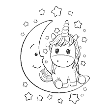 Unicorn and moon with stars for coloring