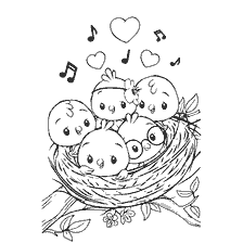 Birds in the nest with hearts and notes