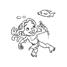 coloring page: Little Tarzan playing with fish underwater