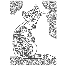 boyama sayfası: Anti-stress kedi floral desenlerle renklendirme