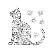 boyama sayfası: Yetişkinler için Anti-stress renkli kitabı: desenler ve çiçeklerle bir kedi silhouette