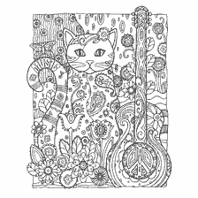 boyama sayfası: Bir kedi ve müzik aleti ile yetişkinler için renklendirme