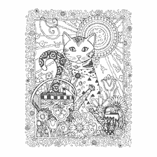 boyama sayfası: Yetişkin anti-stress için renk: Bir bahçe ile kedi