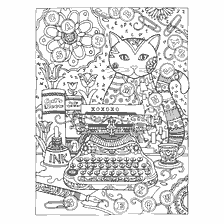 boyama sayfası: Yetişkin renkli kitap: Cat typewriter üzerine yazıyor